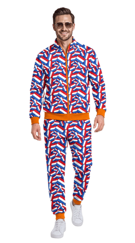Trainingspak Holland heren met rood-wit-blauwe vlaggenprint en oranje details voor foute party
