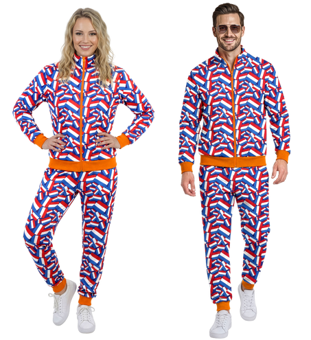 Trainingspak Holland met rood-wit-blauwe vlaggenprint en oranje boorden, dames en heren voor Koningsdag