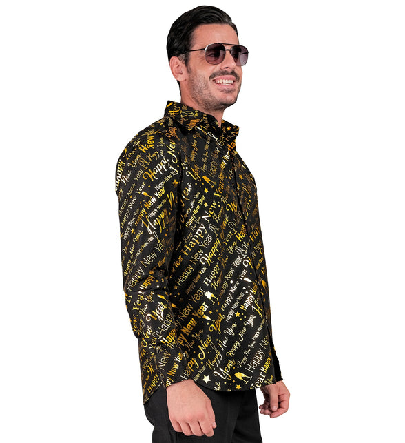 Heren gouden blouse met glansprint - verkleedshirt voor nieuwjaarsfeest