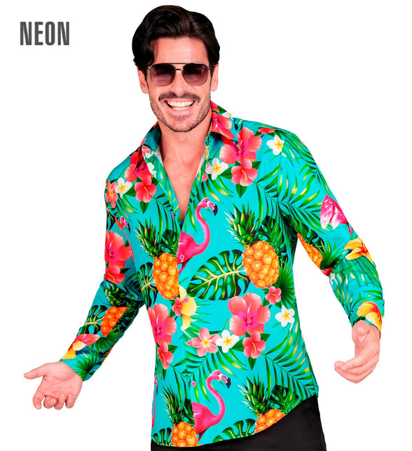 Neon flamingo hawaiihemd Floor - kleurrijke verkleedblouse heren tropisch thema