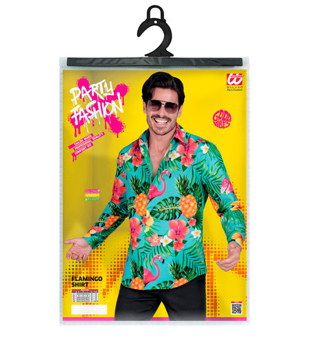 Neon flamingo blouse Floor achterkant - tropisch hawaii overhemd heren feest
