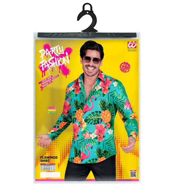 Neon flamingo blouse Floor achterkant - tropisch hawaii overhemd heren feest