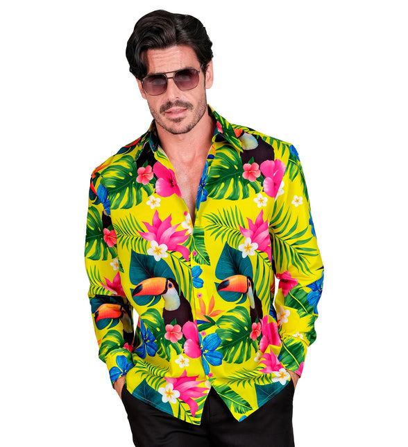 Tropicana neon blouse heren detail - tropisch hawaii shirt feest