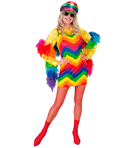 Detail van de regenboogprint op de regenboog jurk Ella - kleurrijke Pride verkleedkleding
