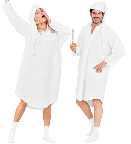 Nachtjapon en pet wit met puntige slaapmuts en pompon, gedragen door dame en heer op een pyjamafeest