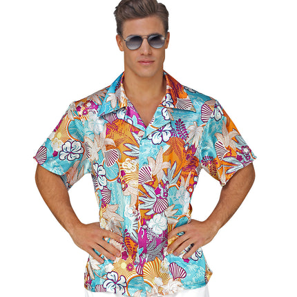 Hawaii overhemd met bloemenprint satijn, aloha shirt zomerfeest detail