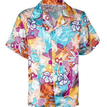 Hawaii satijnen blouse close-up bloemen, tropisch zomershirt heren