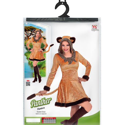 Panter jurkje compleet bruin, luipaard verkleedjurk dames met kap