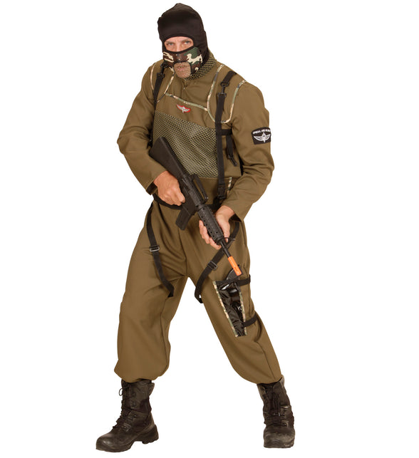 Special force parachutist pak, leger overall met vest en kap vooraanzicht
