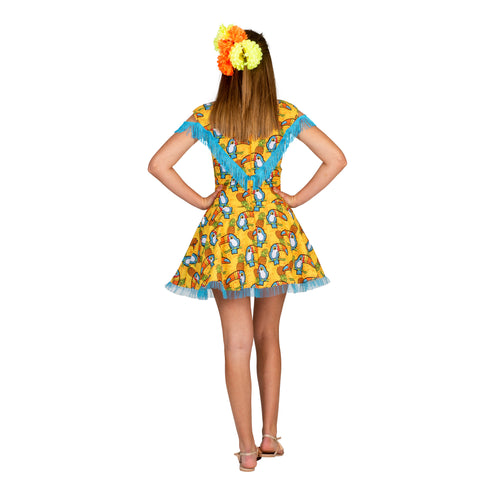 Hawaiiaanse jurk Marit met toekan print stofdetail – verkleedkostuum