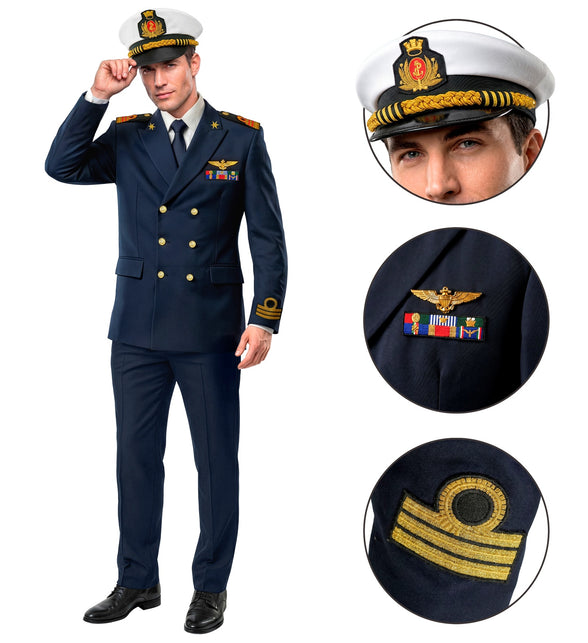 Marine kapitein kostuum heren met detail van witte pet, borstinsigne en gouden mouwgalon