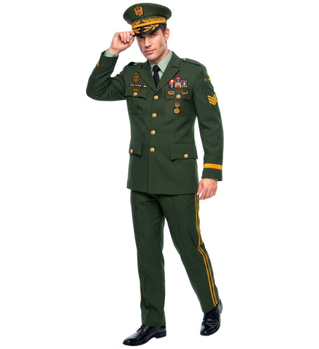 Generaal kostuum heren in legergroen met gouden knopen, emblemen, broek met gouden bies en pet