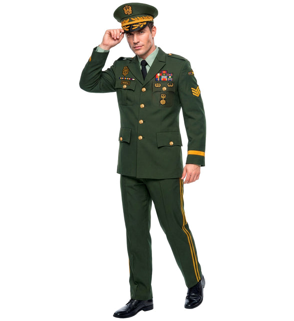 Generaal kostuum heren in legergroen met gouden knopen, emblemen, broek met gouden bies en pet
