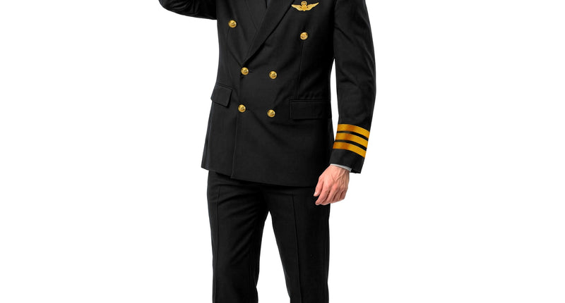 Pilotenkostuum heren met zwart colbert, gouden knopen en pilotenpet voor een themafeest