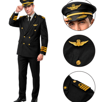 Pilotenkostuum heren met detailfoto's van pet, vleugelembleem en epaulet met sterren