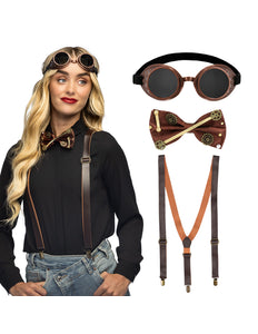 Accessoireset Steampunk 4-delig hoed bril vlinderdas klok