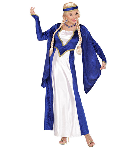 Middeleeuwse kasteel jurk blauw dames - blauwe fluwelen edelvrouw jurk met hoofddeksel