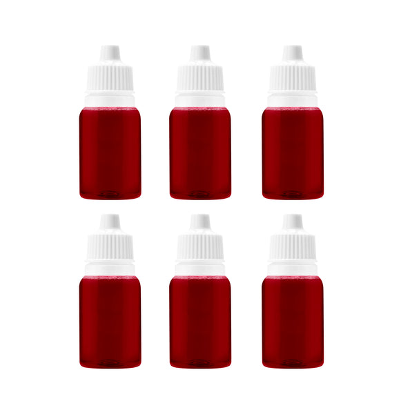 6 flesjes imitatie bloed met dieprode vloeistof en witte knijpdop, voor Halloween