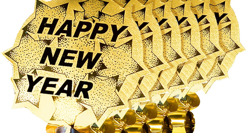 6 happy new year roltongen goud met stervormige kaart, zwart mondstuk en opgerolde metallic tong voor oudejaarsavond