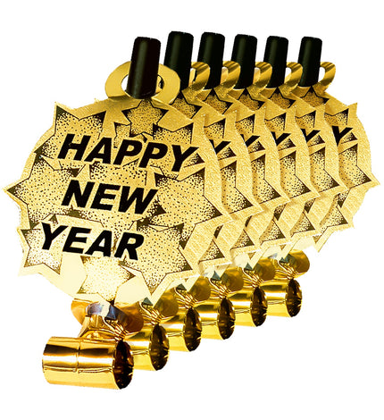 6 happy new year roltongen goud met stervormige kaart, zwart mondstuk en opgerolde metallic tong voor oudejaarsavond