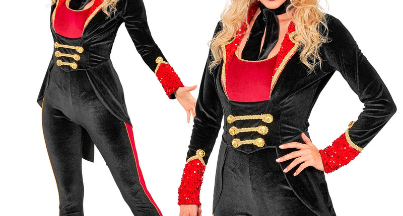 Circusdirecteur jumpsuit dames in zwart fluweel met rode pailletten, gouden tressen en hoge hoed