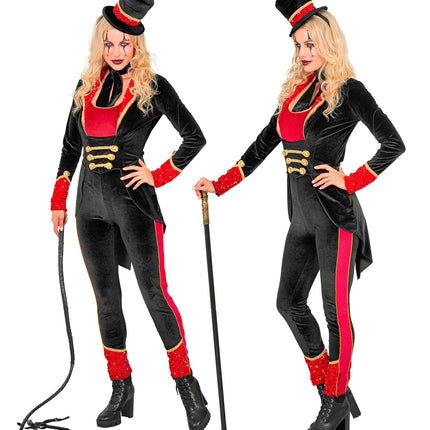 Circusdirecteur jumpsuit dames met slipjaspunt en pailletten manchetten, voor een circusfeest