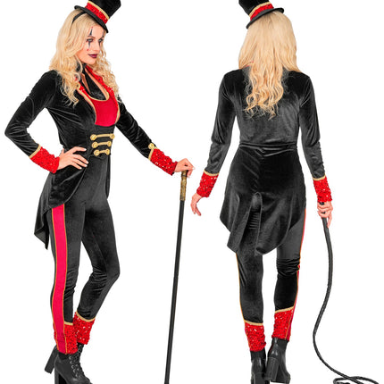 Circusdirecteur jumpsuit dames achterkant met lange punt in de rug en rode enkelmanchetten