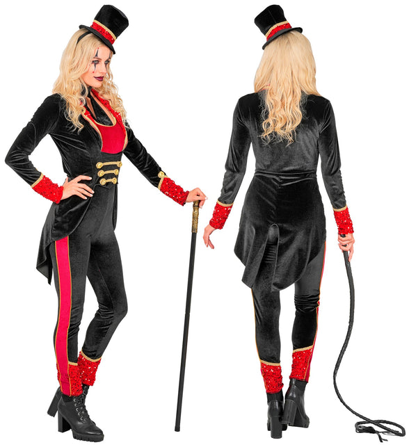 Circusdirecteur jumpsuit dames achterkant met lange punt in de rug en rode enkelmanchetten
