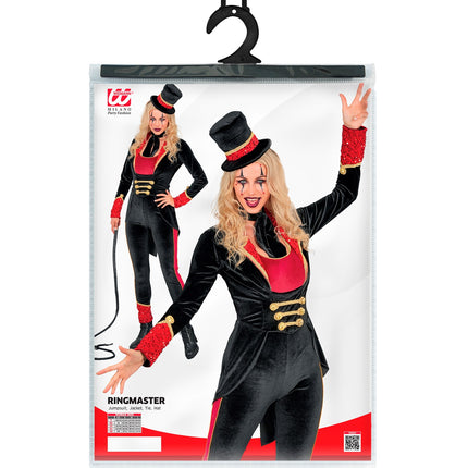 Verpakking circusdirecteur jumpsuit dames met maattabel XS tot L en vier kostuumdelen