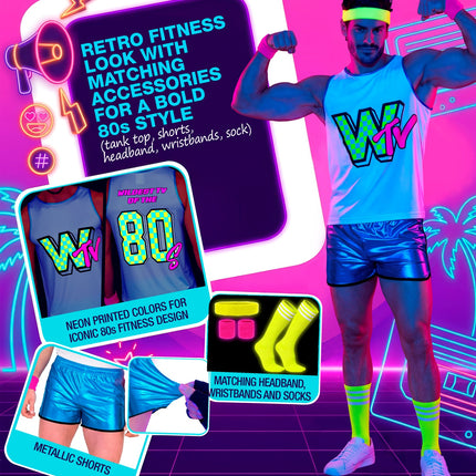 Neon jaren 80 aerobic kostuum heren onder blacklight, details van shorts en zweetbandjes