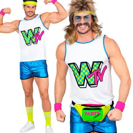 Jaren 80 aerobic kostuum heren met witte tanktop, neonprint en blauwe metallic shorts