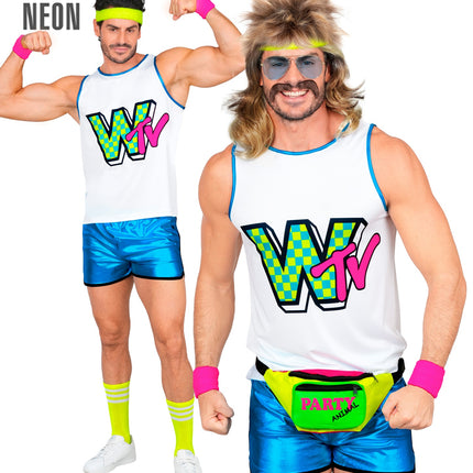 Neon jaren 80 aerobic outfit heren, witte tanktop met geblokte letteropdruk en gele kousen