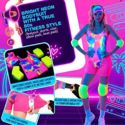 Neon jaren 80 rollerbladerkostuum onder blacklight met bodysuit, shorts, visor en pads