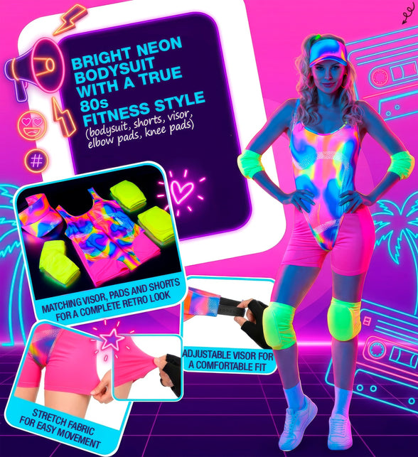 Neon jaren 80 rollerbladerkostuum onder blacklight met bodysuit, shorts, visor en pads