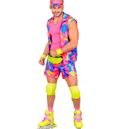 Rollerblader kostuum heren jaren 80, mouwloos jack met rits en korte broek in neonprint