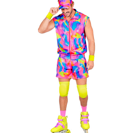 Neon rollerblader kostuum heren met dichtgeritst jack, gele zweetbandjes en jaren 80-zonneklep