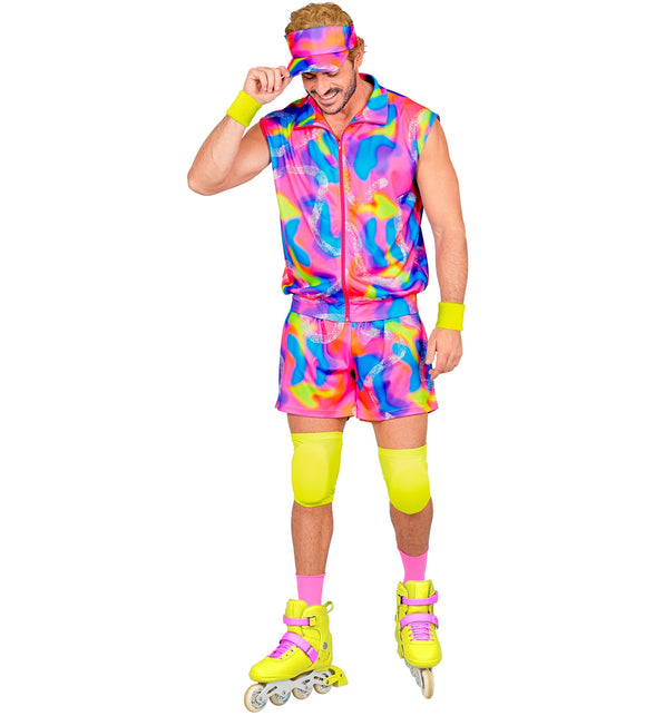 Neon rollerblader kostuum heren met dichtgeritst jack, gele zweetbandjes en jaren 80-zonneklep