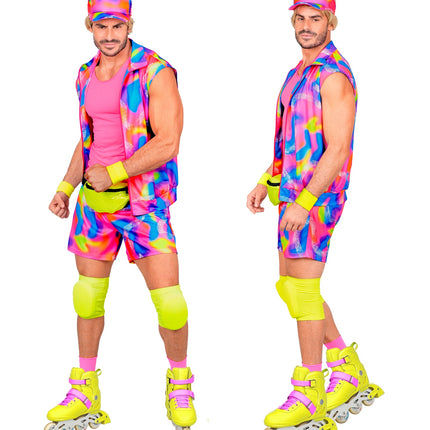 Jaren 80 rollerblader kostuum heren van voren en van de zijkant, felroze en blauwe neonprint