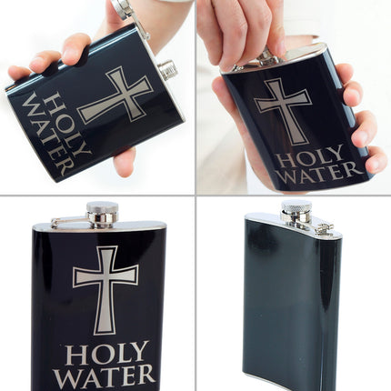 Heupfles Holy Water vier aanzichten: voorkant met kruis, zijkant en effen achterkant
