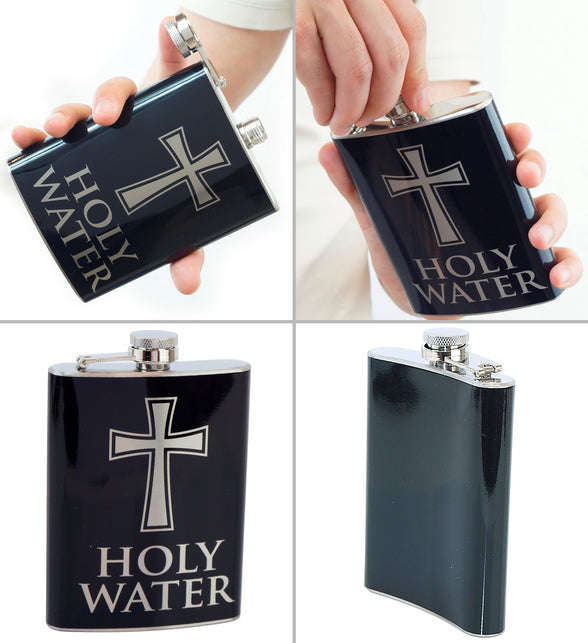 Heupfles Holy Water vier aanzichten: voorkant met kruis, zijkant en effen achterkant