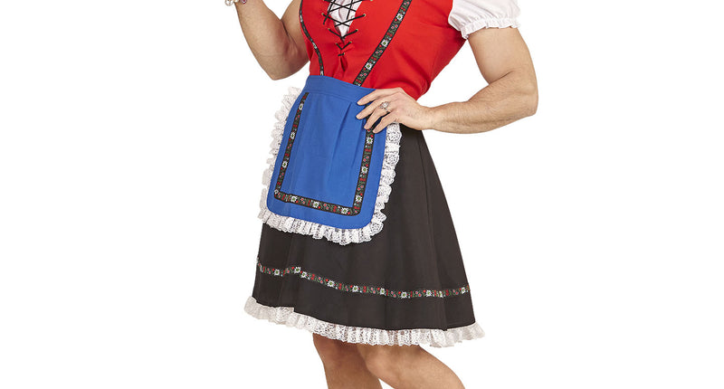 Biermeisje pak mannen met rood lijfje, zwarte rok en blauw schort voor Oktoberfest