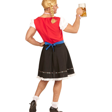 Biermeisje pak mannen achterzijde met blauw schort dat op de rug wordt geknoopt