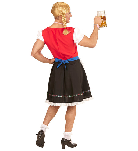 Biermeisje pak mannen achterzijde met blauw schort dat op de rug wordt geknoopt