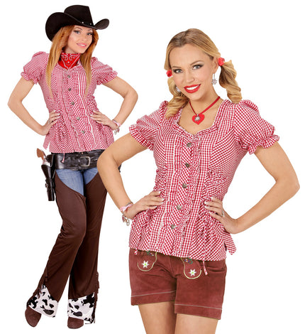 Beierse blouse rood wit met pofmouwen, gedragen als Oktoberfest-blouse en als cowgirllook