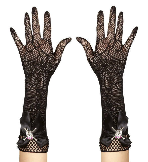 Handschoenen spinnenweb met strass schedel