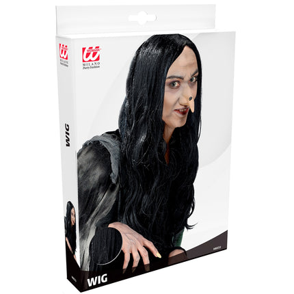 Verpakking van de heksenpruik Amelia zwart van Widmann met de lange zwarte pruik op de voorkant
