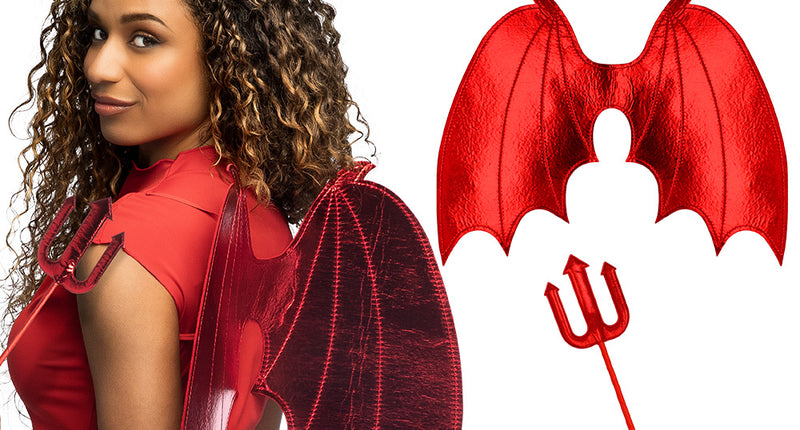 Set Duivel Azara hoorntjes vleugels vork rood Halloween