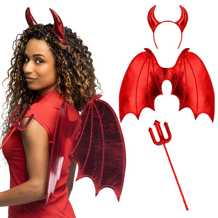 Set Duivel Azara hoorntjes vleugels vork rood Halloween