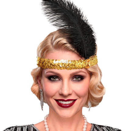 Haarband roaring jaren 20 pailletten met 2 veren en edelsteen goud voor dames detailopname – verkleedkleding