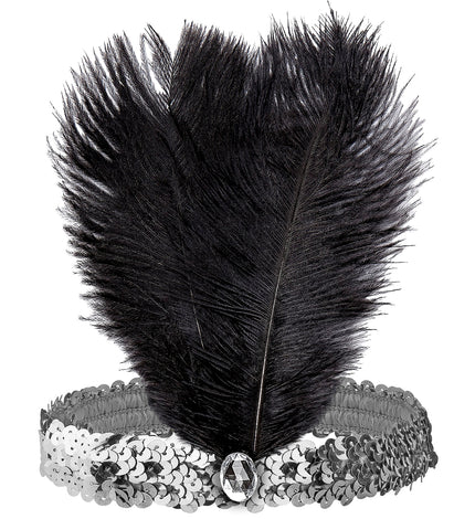 Haarband roaring jaren 20 pailletten met 2 veren en edelsteen zilver voor dames vooraanzicht – verkleedkleding